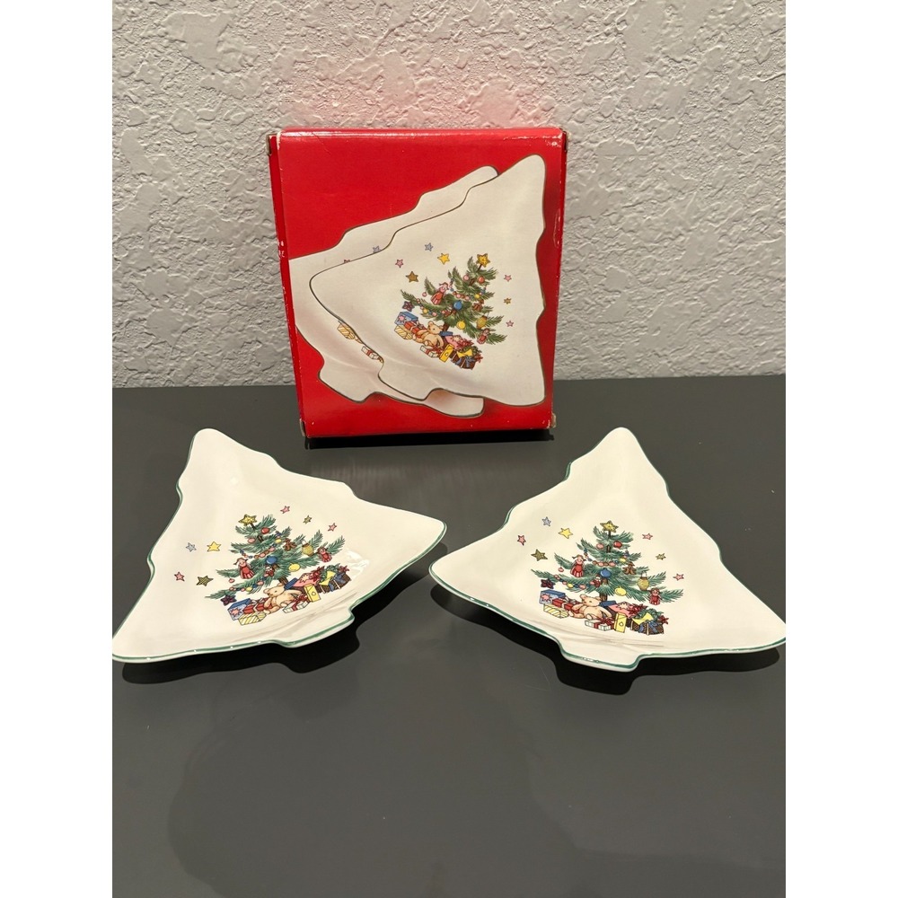 Used PAIR Nikko Christmastime Christmas Tree Candy Dishes 6" Japan Crazing w/Box